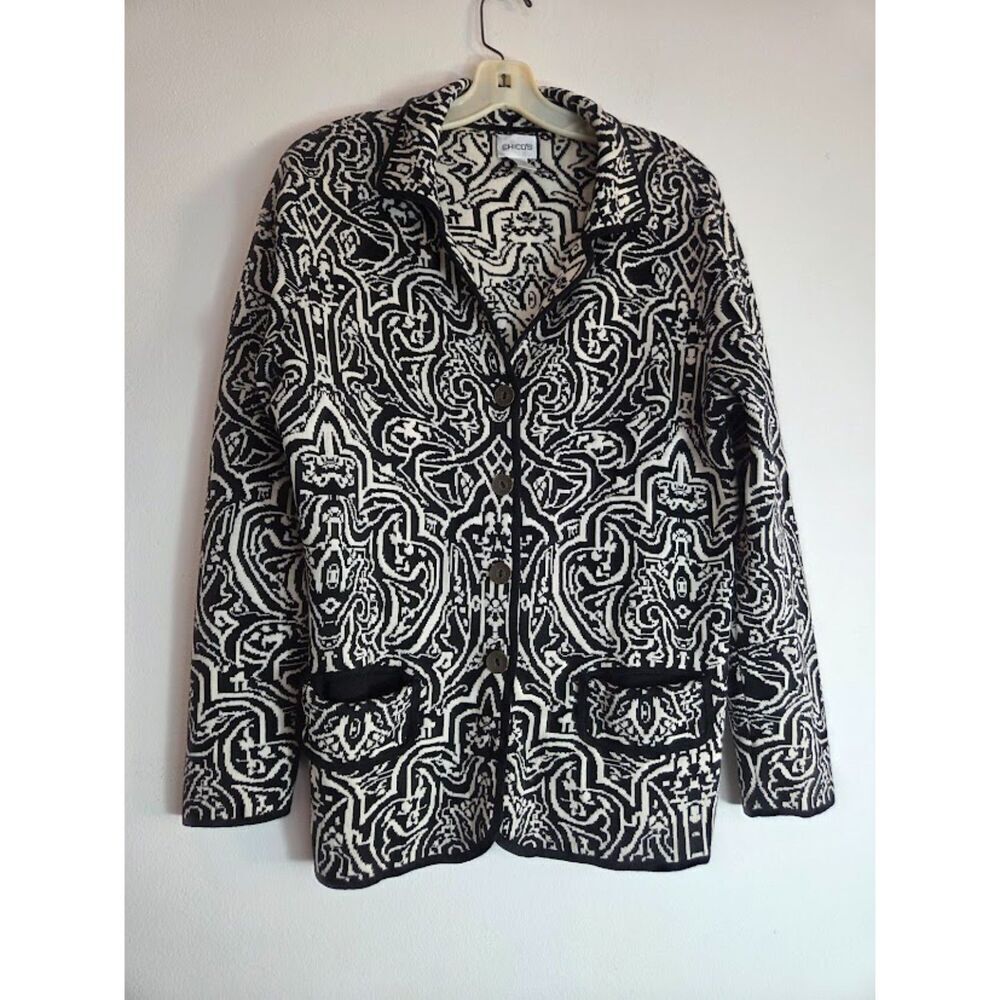 Chico's Black & Beige Geo Print Silk/Cotton Knit Button Front Coatigan sz Large